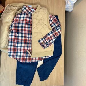 NWOT 3 Piece Little Lad Boys Vest/Shirt/Pant 12-18Mo Plaid Red Blue White Tan